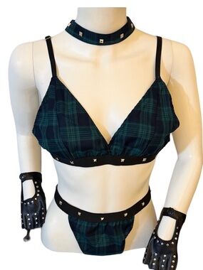 Plaid Green & Navy Lingerie Set with Studded Black Trim